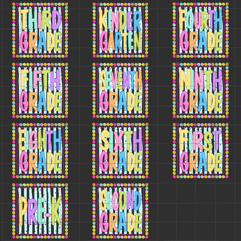 Pode incluir: Uma cole&ccedil;&atilde;o de onze designs gr&aacute;ficos quadrados exibindo n&iacute;veis escolares da pr&eacute;-escola ao nono ano. Cada design tem um fundo azul claro com listras verticais pretas, letras coloridas em bloco e uma borda de pequenos rostos sorridentes multicoloridos.