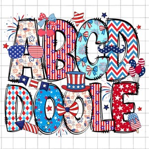 May include: A colourful design spelling "ABCD DOODLE" in red, white, and blue. The letters are decorated with stars, stripes, bows, fireworks, and other festive elements. Includes a top hat and sunglasses.