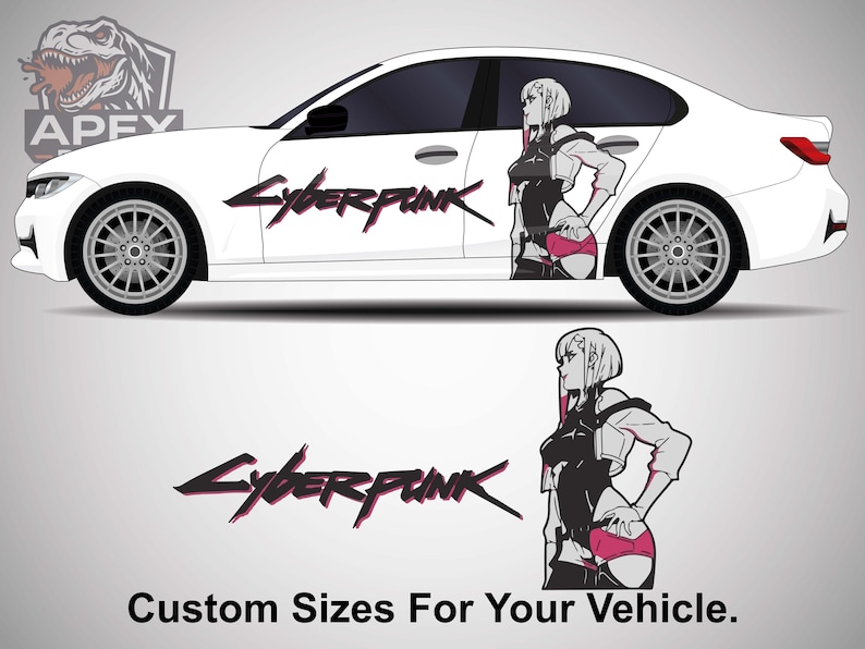 May include: White car with a "Cyberpunk" graphic in pink and black. The car features a stylized anime-style character and the text "Custom Sizes For Your Vehicle."