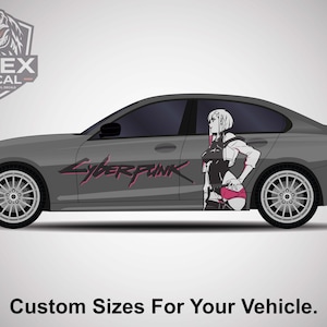 May include: A gray car with a Cyberpunk graphic on the side. The graphic features a female anime character in black and pink. The car also has the text "Cyberpunk" in pink and the Apex Decal logo.