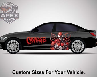 Carnage auto sticker, rode symbiont vinyl sticker voor auto's, Marvel Villain zijdeur livery, custom voertuigbelettering wrap, SpiderMan autokunst