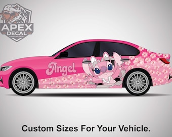 Engel autosticker, schattige buitenaardse vinylsticker voor auto's, full colour kleurstelling zijdeur, cartoon voertuigwrap ontwerp, afbeelding roze engel auto