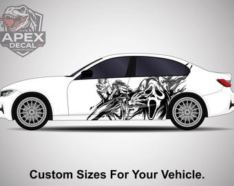 Autosticker horrorfilmmasker, enge geest vinylafbeelding, donkere esthetische zijomslag, aangepast formaat voertuigsticker voor tunerauto's, gotische autokunst