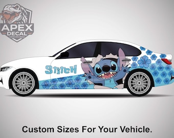 Stitch auto sticker, schattige alien vinyl sticker voor auto's, full colour bestickering zijdeur, cartoon voertuig wrap ontwerp, blauwe steek auto graphic