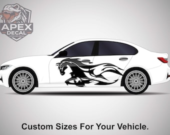 2 x autosticker paard, vinylsticker wilde hengst voor auto's, tribale vlam zijdeurkleuren, aangepaste voertuigbelettering, lopend paard wrap