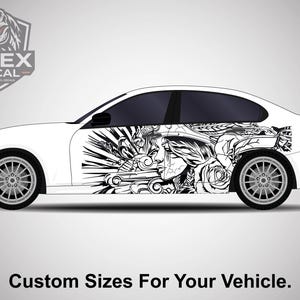 May include: A white car with a black and white graphic decal on the side featuring a woman's face, roses, and abstract elements. The text "Custom Sizes For Your Vehicle" is at the bottom. The Apex Decal logo is in the upper left.