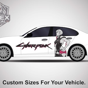 May include: White car with a side graphic featuring a Cyberpunk design. The graphic includes the word "Cyberpunk" in a stylized font and an anime-style character. The Apex Decal logo is in the upper left corner. Text at the bottom reads "Custom Sizes For Your Vehicle."