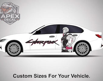 Cyberpunk autosticker, Lucy Edgerunners vinyl sticker, JDM anime zijdeur livery, futuristische gaming car wrap, neonroze voertuigbelettering