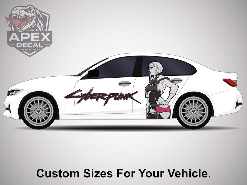 May include: White car with a side graphic featuring a Cyberpunk design. The graphic includes the word "Cyberpunk" in a stylized font and an anime-style character. The Apex Decal logo is in the upper left corner. Text at the bottom reads "Custom Sizes For Your Vehicle."
