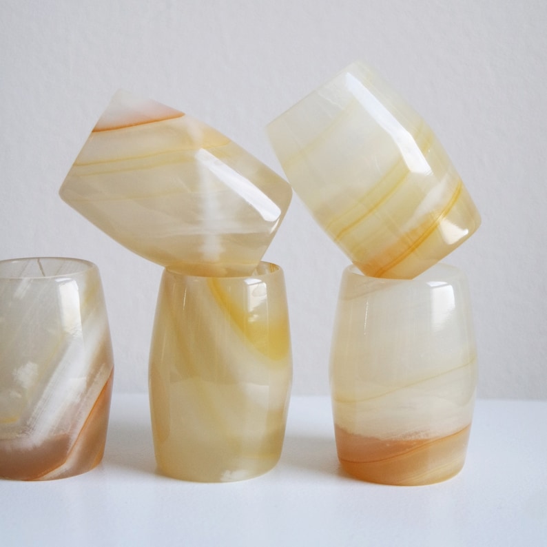 Set of 5 vintage marble shot glasses beige vintage glass onyx liquor glasses stone glassware tequila wodka gift for home gift for her yellow image 1