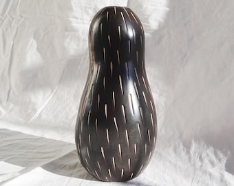 Vintage ceramic curvy vase dark brown with stripes organic shape