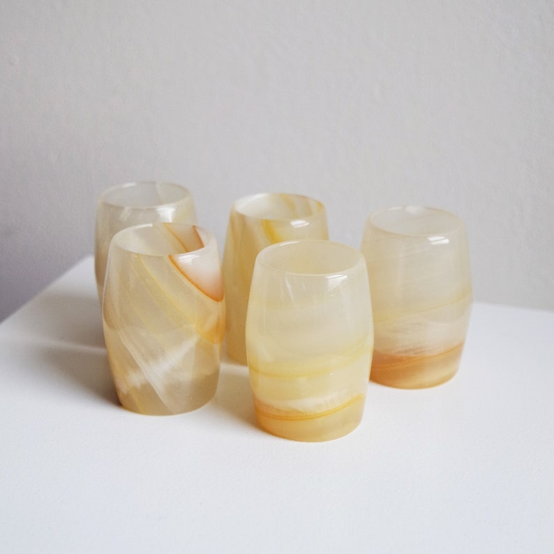 Set of 5 vintage marble shot glasses beige vintage glass onyx liquor glasses stone glassware tequila wodka gift for home gift for her yellow image 4