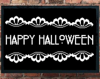 Halloween Cross Stitch Kit, Happy Halloween, 18 Inches by 10 Inches, Happy Halloween Bows and Spiders, Deco Border