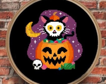 Cute Cross Stitch Pattern, Digital Download, Pumpkin Cat, Chart and Legend, 11 Inches by 11 Inches, Halloween