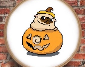 Fun Cross Stitch Pattern, Digital Download, Pumpkin Pug, 10.5 Inches by 10 Inches, Halloween, Concerned, Cute, Funny