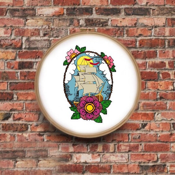 Traditional Cross Stitch Kit, Traditional Ship, 18 Inches x 17 Inches, Old Style, Tattoo