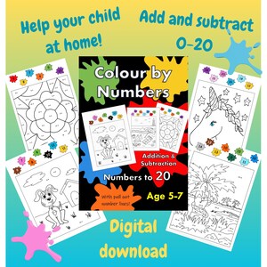Addizione e sottrazione fino a 20 da colorare con i numeri, età 5+, download digitale