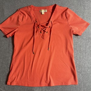 Vintage MICHAEL KORS top Womens L Large Blouse PINK Tunic Tee T shirt short sleeve lace up V neck Vtg
