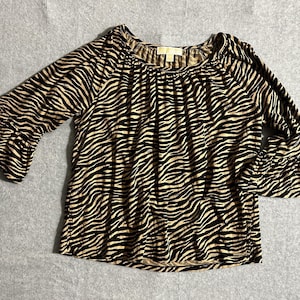 Vintage MICHAEL KORS womens Blouse L Large Black Beige Top Tunic boxy blouson flared sleeves vtg