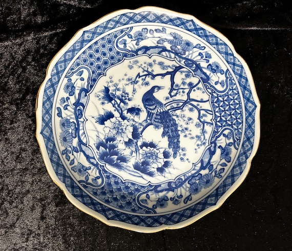 ヴィンテージ 日本製 磁器 プレート VTG ボウル 手描き 青 白 花柄