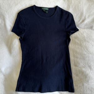 vtg RALPH LAUREN womens crop Top BLUE cotton crochet Tee T Shirt woman size L Large Vintage Summer Spring fall short sleeve