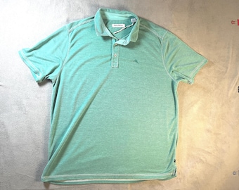 Vtg TOMMY BAHAMA mens Polo Tee Shirt Golf XL Green Blue Button short Sleeve