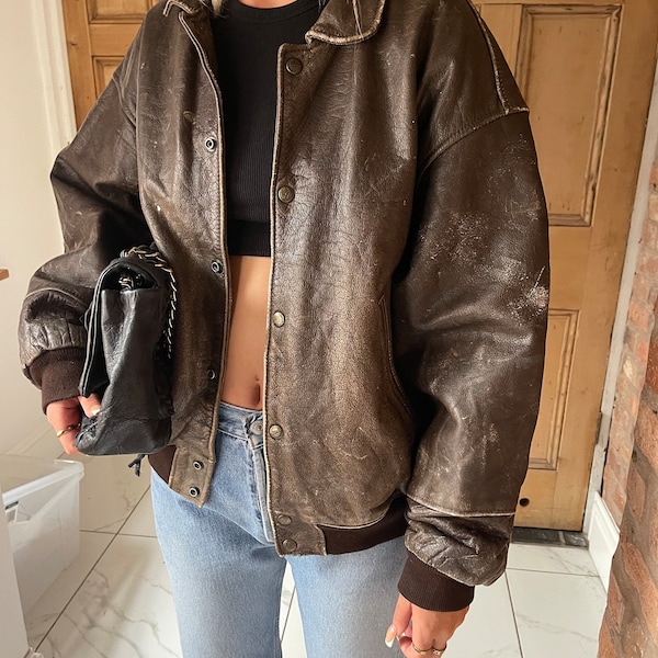 Blouson aviateur en cuir marron des années 90 pour femmes, veste vintage, manteau en cuir, taille moyenne / grande