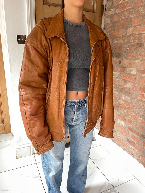 90s Tan Brown Leather Biker Bomber Jacket Oversized Vintage Coat