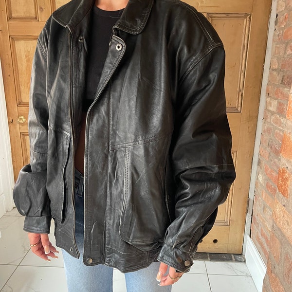 Blouson aviateur oversize en cuir noir des années 90 pour dames veste vintage manteau en cuir taille grande