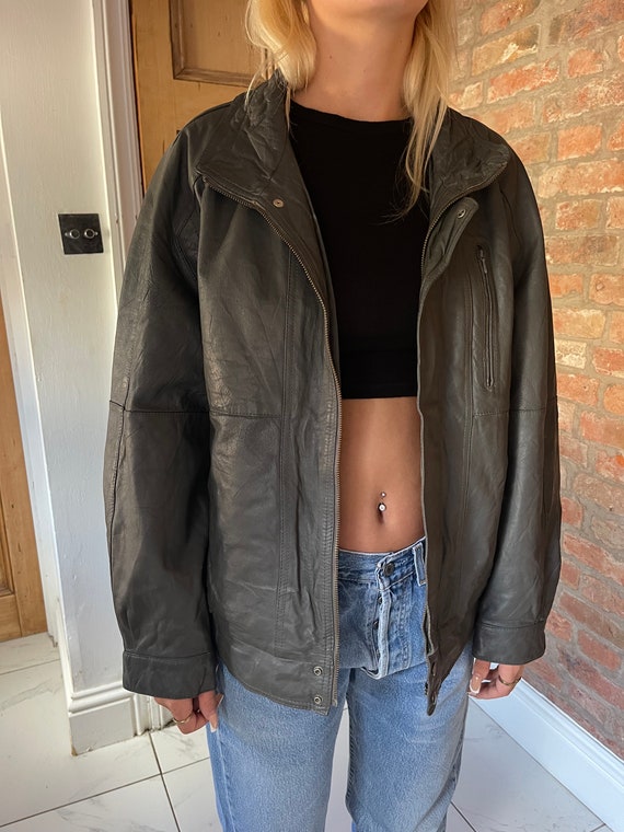 90s grey   leather oversized  bomber jacket  ladi… - image 1