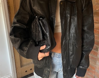 Blouson aviateur en cuir surdimensionné noir des années 90 pour femmes, veste vintage en cuir pour hommes, grande taille AV7