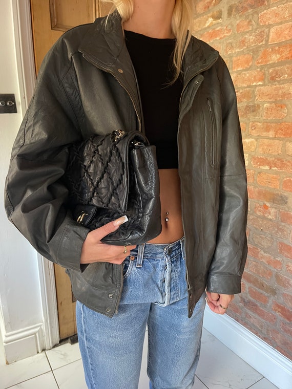 90s grey   leather oversized  bomber jacket  ladi… - image 5