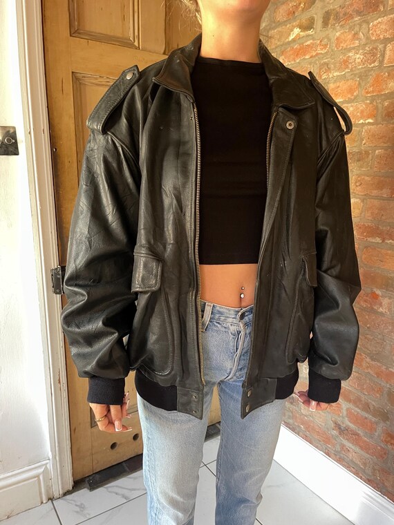 Black leather bomber jacket ladies discount