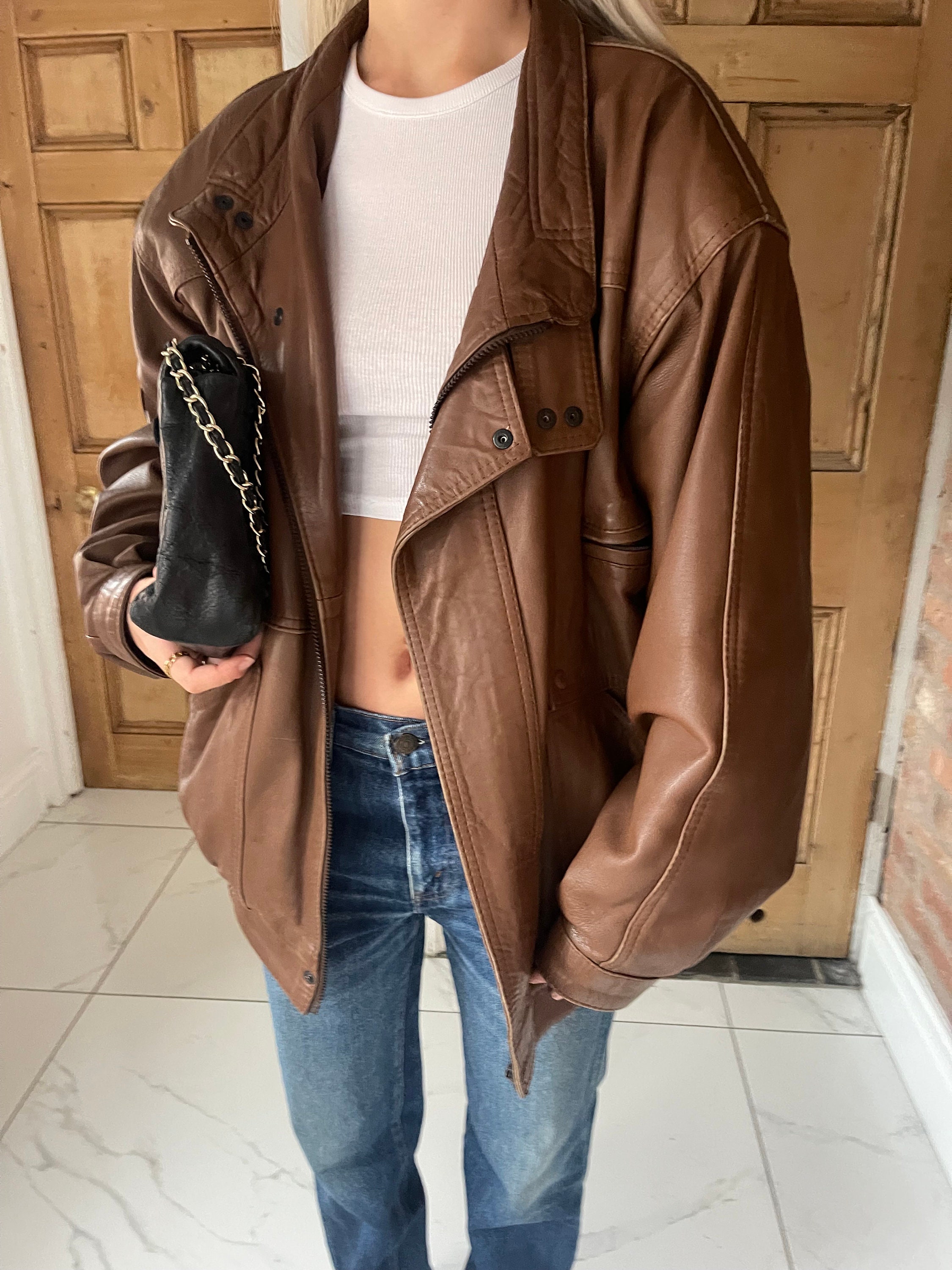 90s Brown Leather Oversized Bomber Jacket Ladies Vintage 90s Brown Leather Oversized Bomber Jacket Ladies Vintage