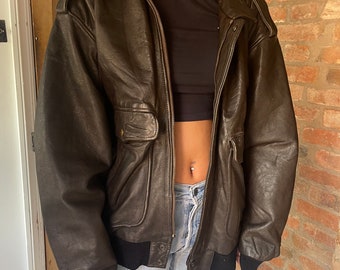 Blouson aviateur surdimensionné en cuir marron foncé des années 90, veste aviateur pour femmes, veste vintage en cuir, taille XL AV3