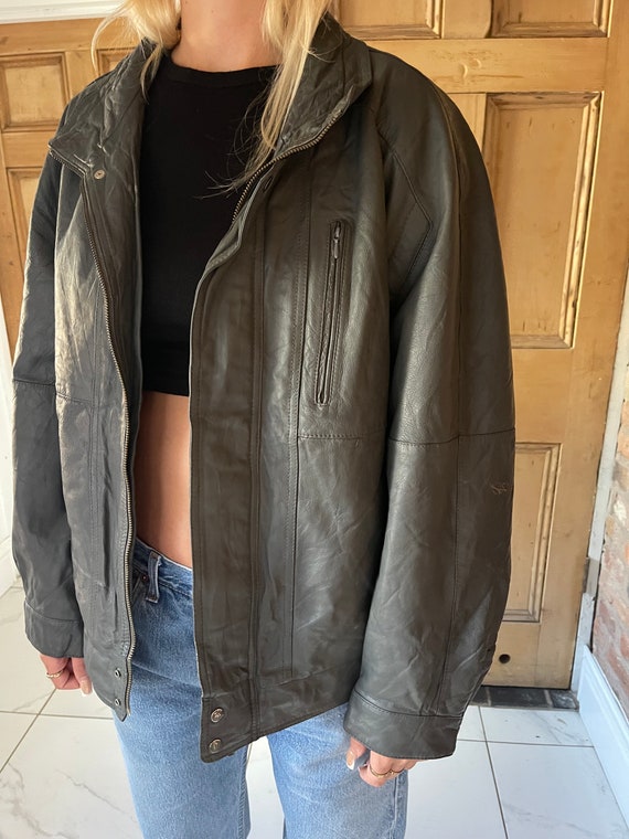 90s grey   leather oversized  bomber jacket  ladi… - image 3