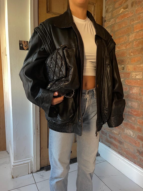 【美品が安い！】 90s Leather jacket (black) 90s Vintage Oversized Sheepskin Leather Jacket: Retro Black