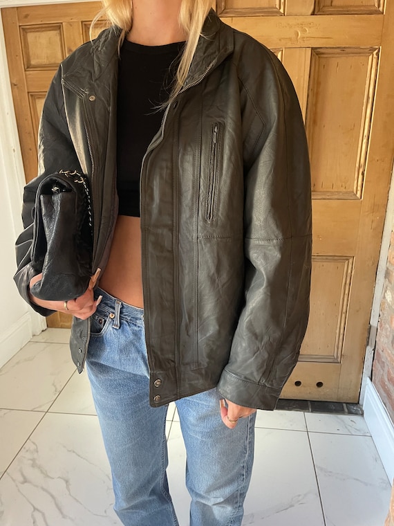 90s grey   leather oversized  bomber jacket  ladi… - image 6