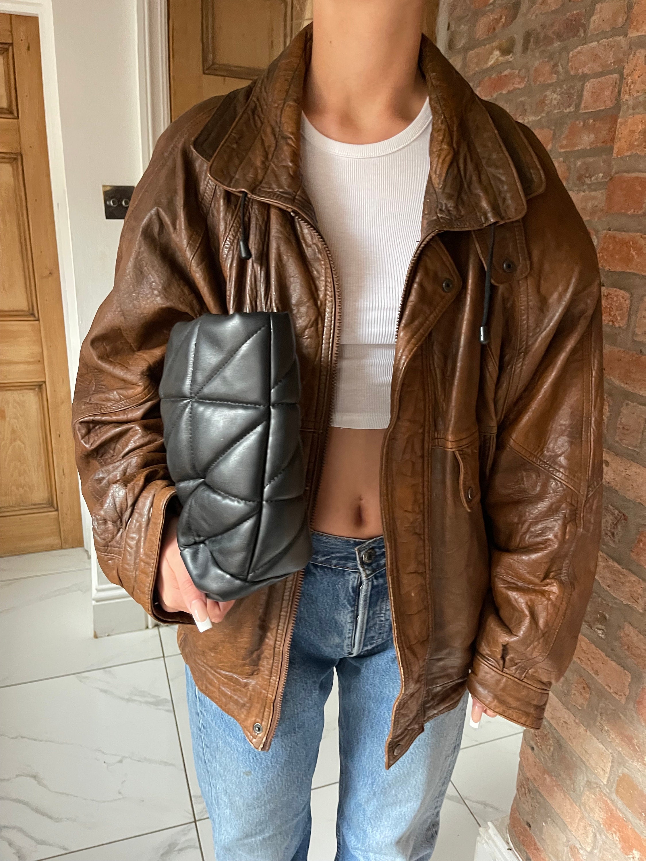 90s Brown Leather Oversized Bomber Aviator Jacket Ladies Vintage 