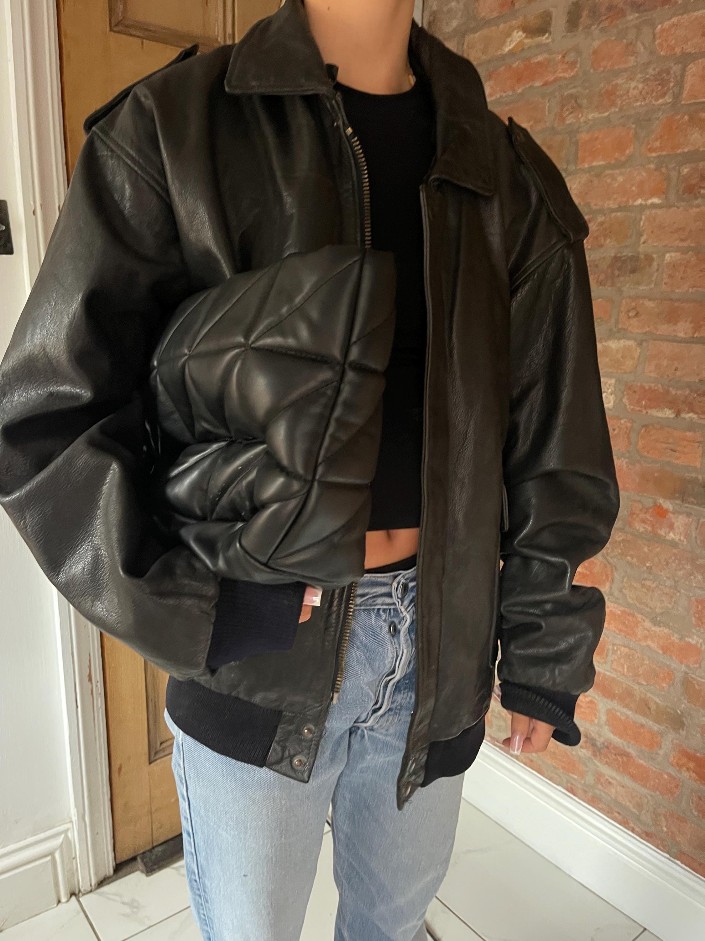 90s Black Leather Biker Aviator Bomber Jacket Ladies Vintage 90s Black Leather Biker Aviator Bomber Jacket Ladies Vintage