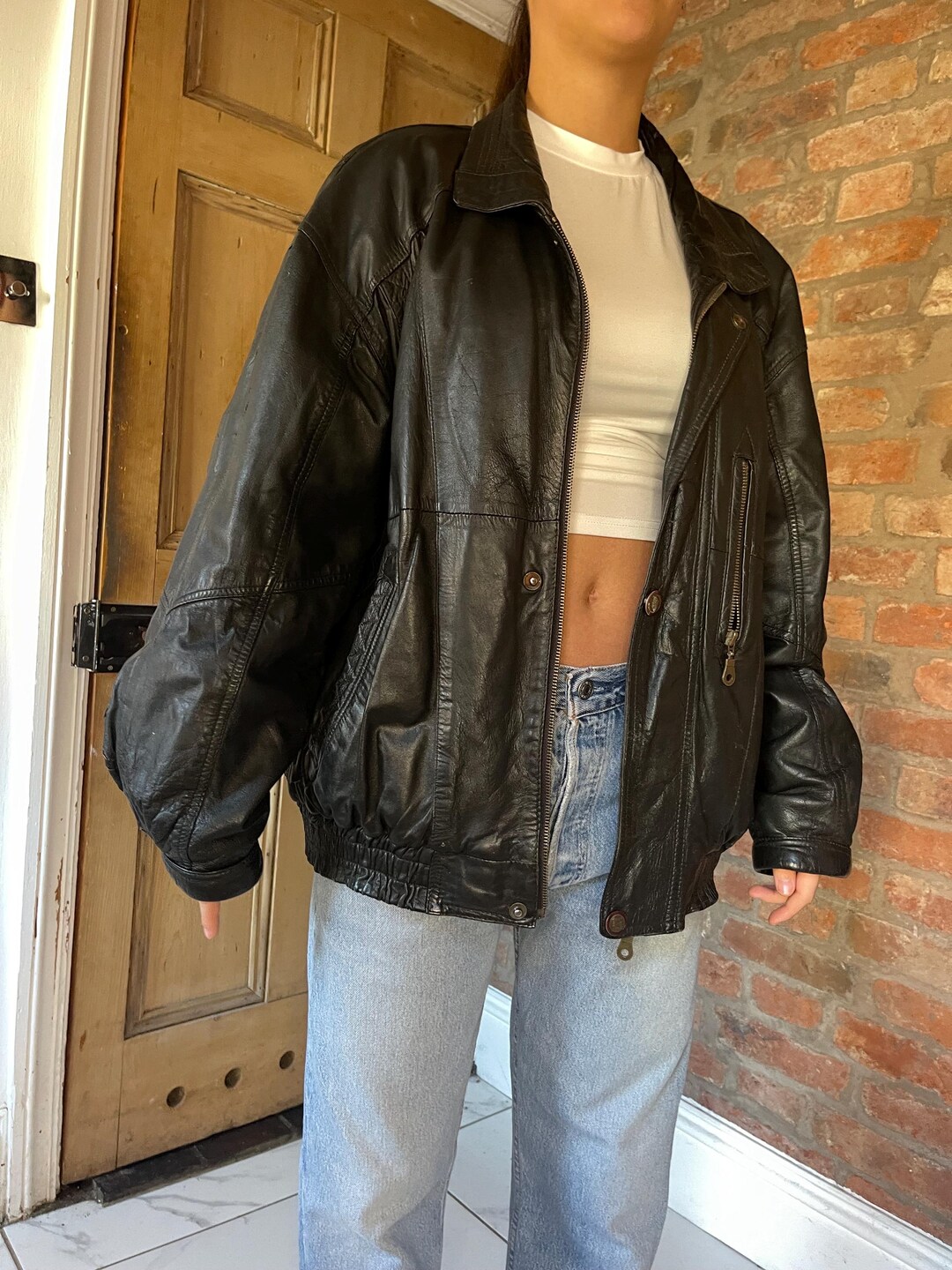 90s Black Leather Biker Aviator Bomber Jacket Ladies Vintage Jacket ...