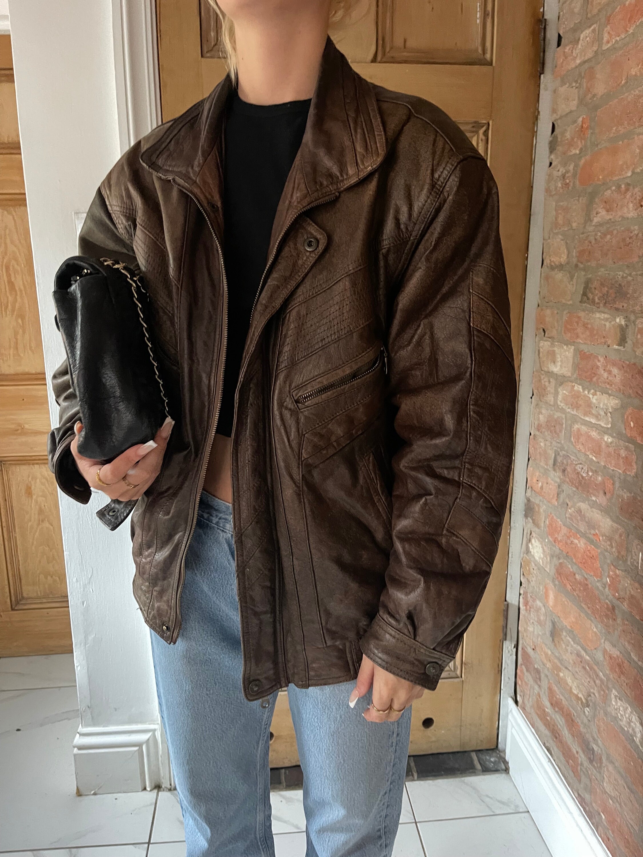 Vintage Brown Leather Bomber Jacket 80s 90s Oversized Leather Coat 