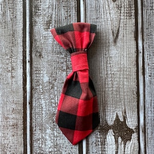 May include: A red and black buffalo plaid dog tie. The tie is made of fabric and has a classic plaid pattern. The tie is designed to be worn around a dog's neck, adding a touch of style to their look.