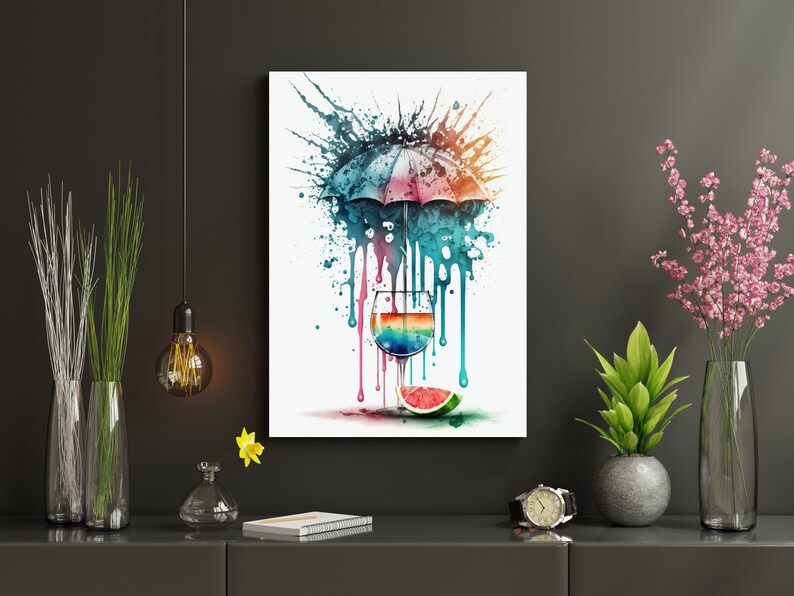 May include: A watercolor painting of a colorful cocktail with a rainbow umbrella and a slice of watermelon. The drink is in a clear glass with a stem and is surrounded by colorful paint splatters.