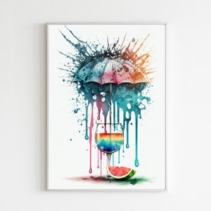 May include: A watercolor painting of a colorful cocktail with a watermelon slice and an umbrella. The drink is surrounded by colorful paint splatters.