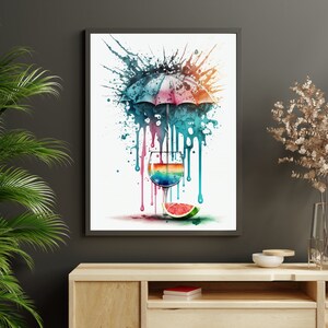 May include: A watercolor painting of a colorful cocktail glass with a rainbow-colored drink under a colorful umbrella. The umbrella and glass are surrounded by colorful paint splatters.