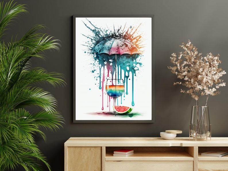 May include: A watercolor painting of a colorful cocktail glass with a rainbow-colored drink under a colorful umbrella. The umbrella and glass are surrounded by colorful paint splatters.