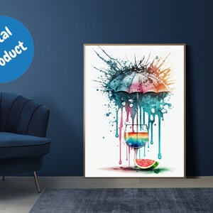May include: A watercolor painting of a colorful umbrella dripping onto a glass of rainbow colored liquid and a slice of watermelon. The background is a white canvas with colorful paint splatters.