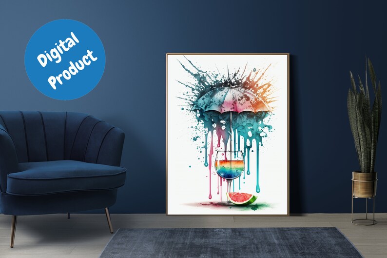 May include: A watercolor painting of a colorful umbrella dripping onto a glass of rainbow colored liquid and a slice of watermelon. The background is a white canvas with colorful paint splatters.
