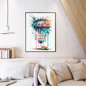 May include: A watercolor painting of a colorful umbrella over a glass of rainbow colored liquid and a slice of watermelon. The background is white with colorful paint splatters.